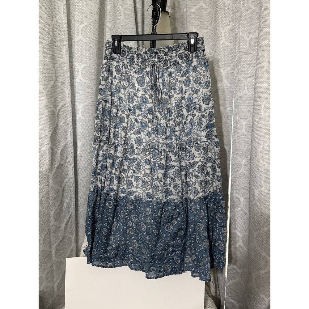 Live 4 Truth Blue Floral Tiered Maxi Skirt Smocked Waist Large Boho Lined